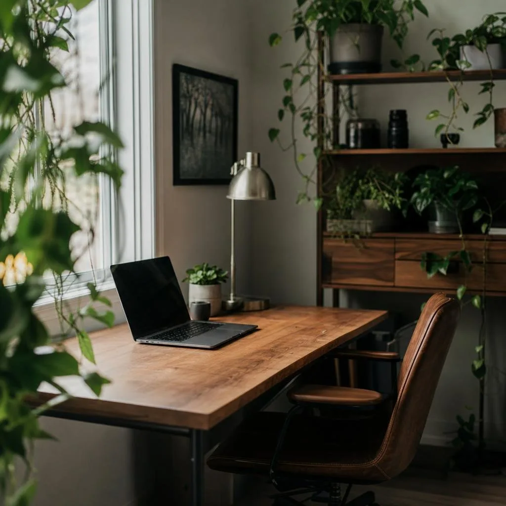 A bright, plant-filled corner of a home office