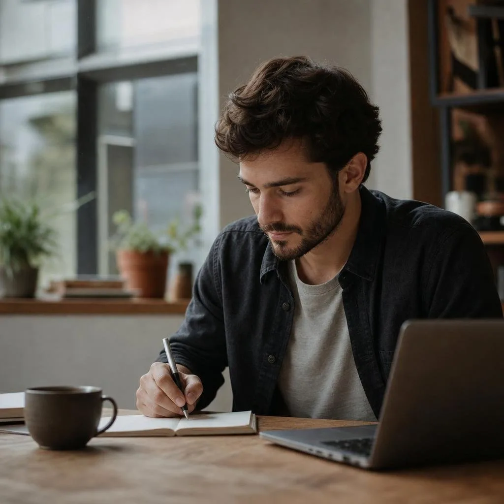 A tidy desk with a phone and a cup of coffee in soft light